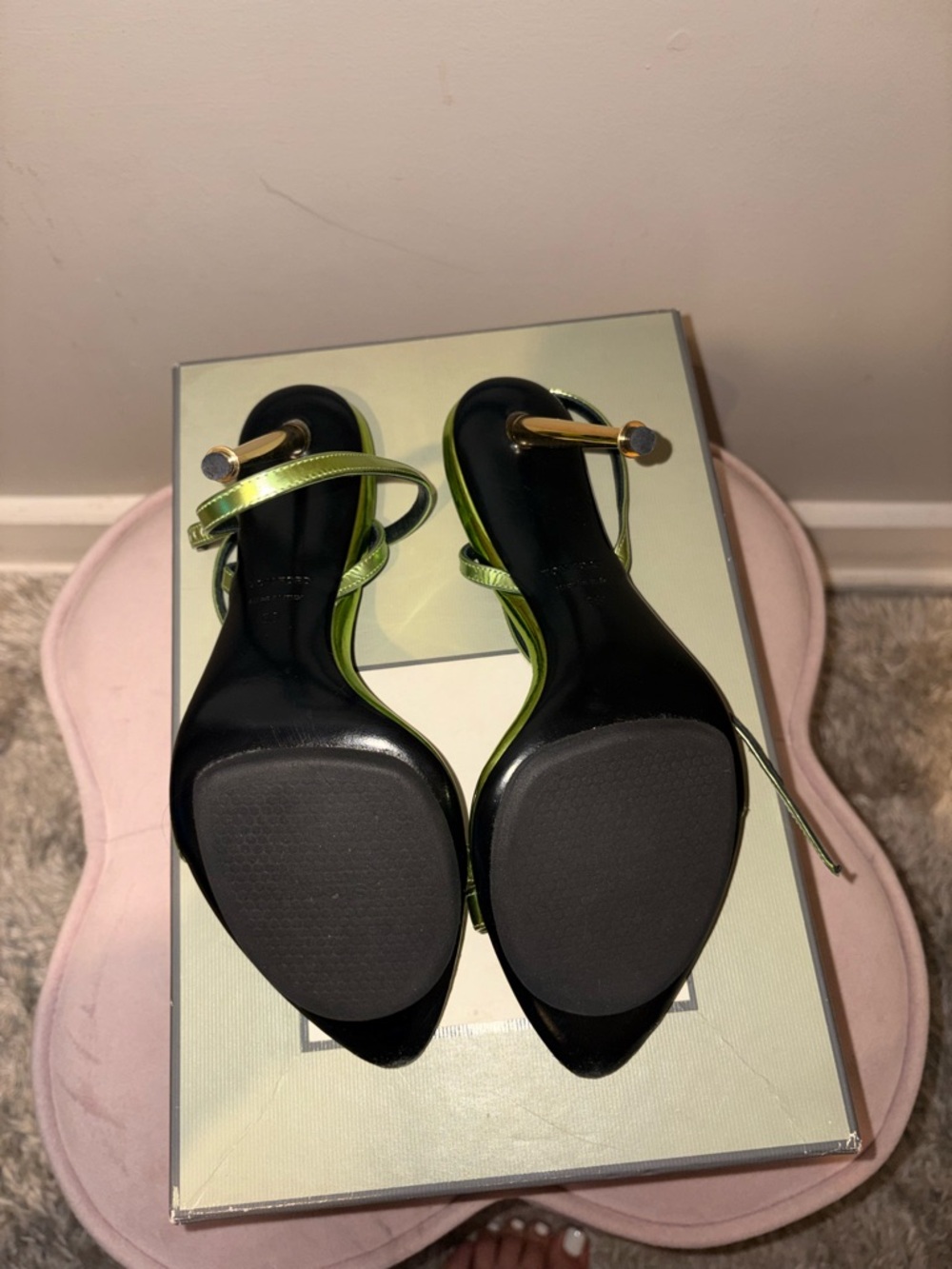 Tom Ford Metallic Acid Green Strappy Pointed-Toe Heels - Picture 3 of 6